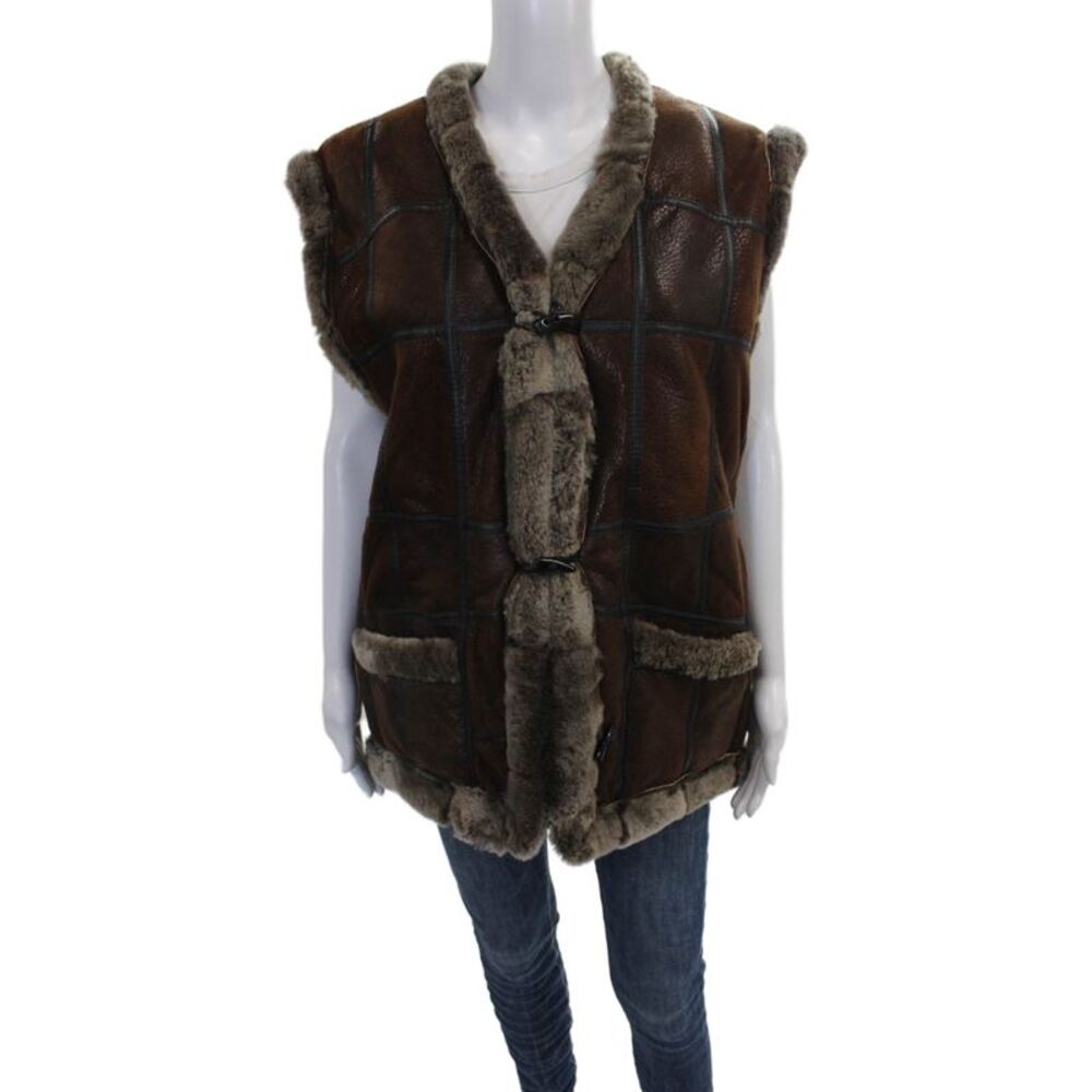 Designer Women Sheepskin Checked Toggle Vest Brown Size M